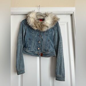 Anthropologie Pilcro And The Letterpress Small Fur Collar Denim Blue Jean Jacket